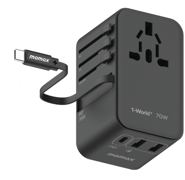 MOMAX 1-WORLD 70W GAN 3 PORT WITH BUILT-IN USB-C CABLE AC TRAVEL ADAPTOR