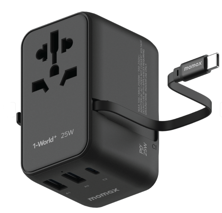 MOMAX 1-WORLD 25W 3 PORT WITH BUILT-IN USB-C CABLE AC TRAVEL ADAPTOR