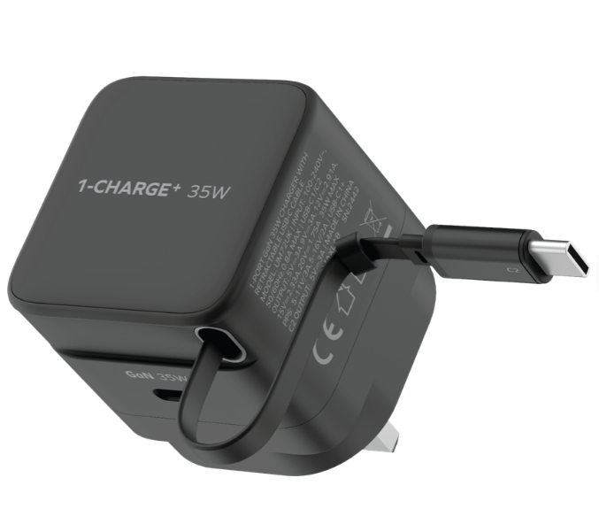 MOMAX 1-CHARGE 35W GAN 1 PORT CHARGER WITH BUILT-IN USB-C CABLE