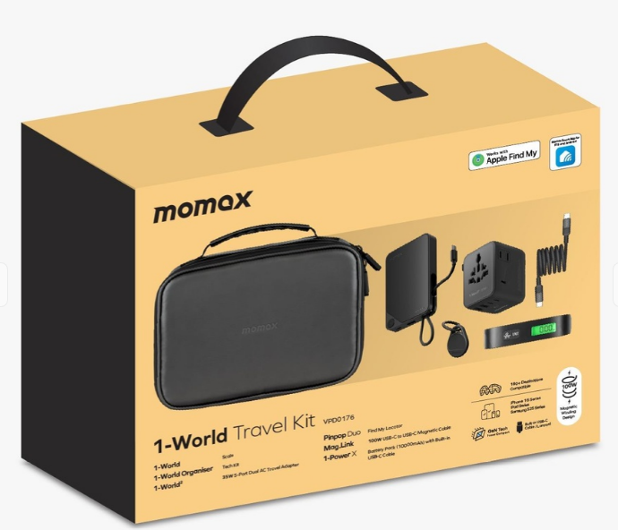MOMAX 1-WORLD TRAVEL ESSENTIAL KIT – 35W ADAPTER, 10K POWER BANK, CABLE, TRACKER, WEIGHING SCALE & POUCH