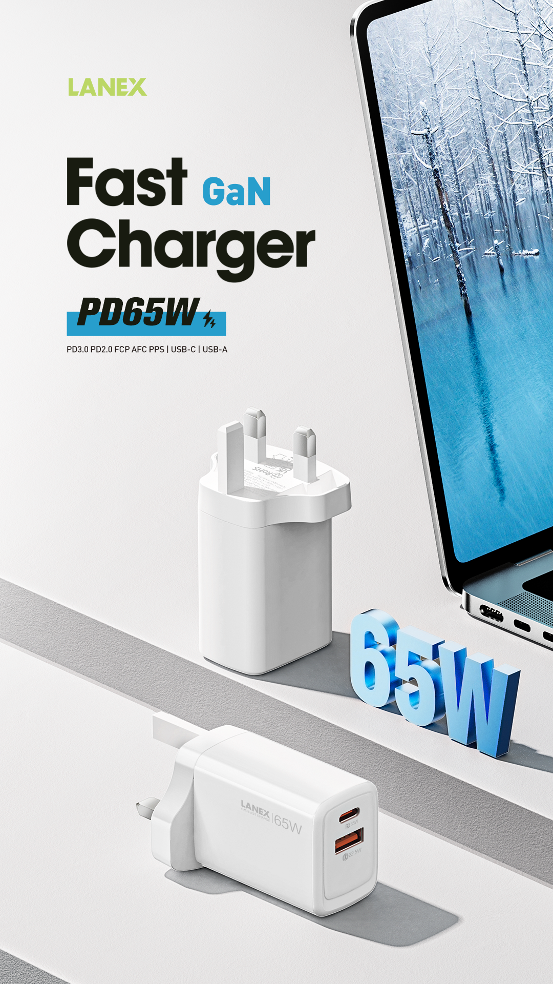  LANEX GAN FAST CHARGER 65W WHITE