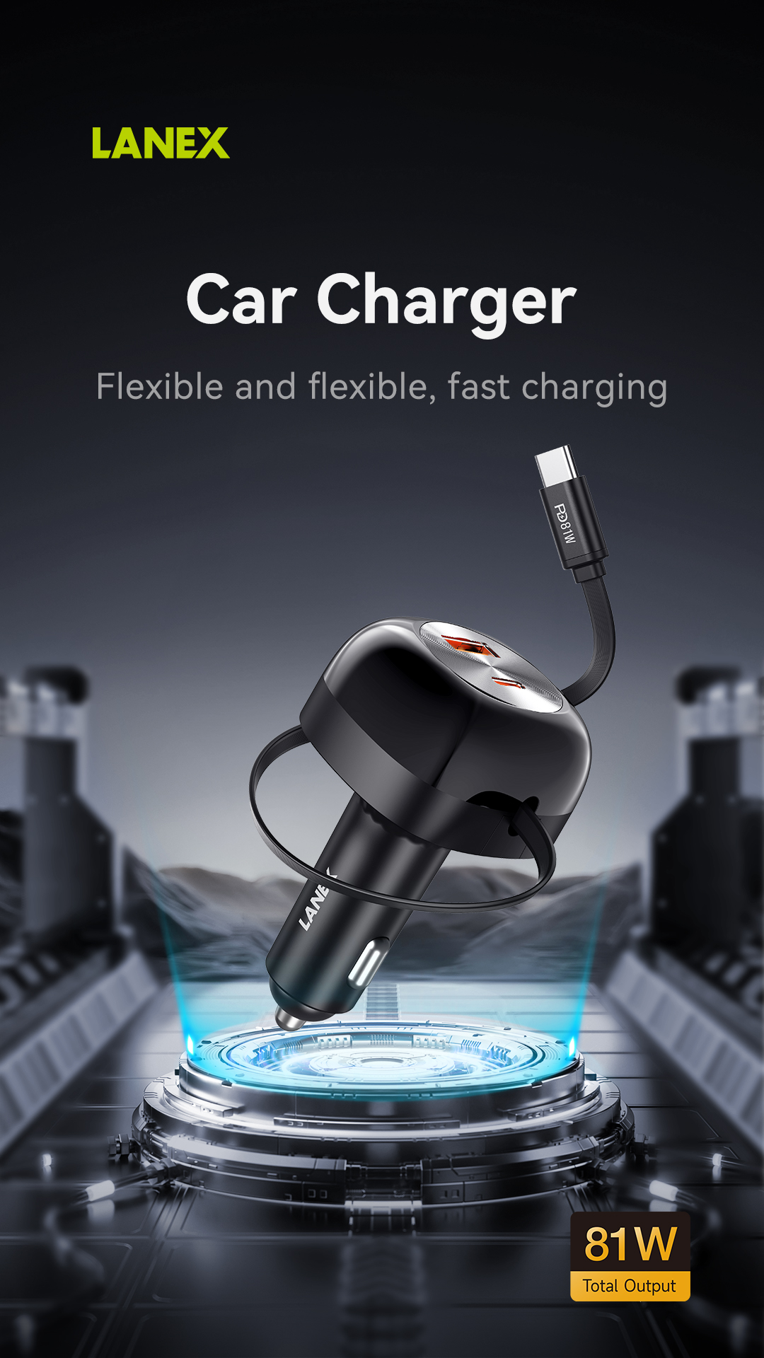 LANEX 2 PORT STRETCHABLE TYPE-C CABLE CAR CHARGER BLACK